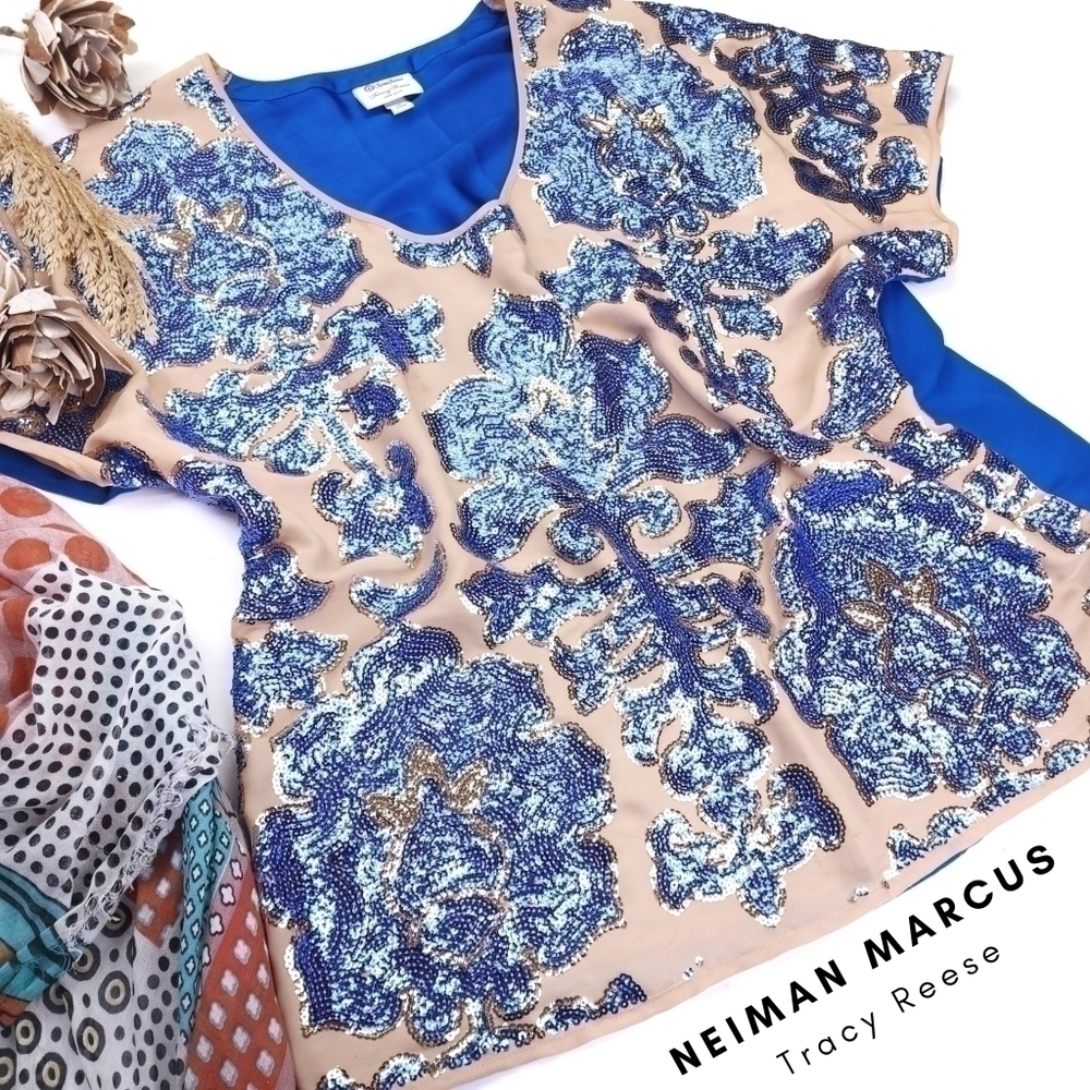 Neiman Marcus Tracy Reese Blue Sequined Tan Blue Top Sz L